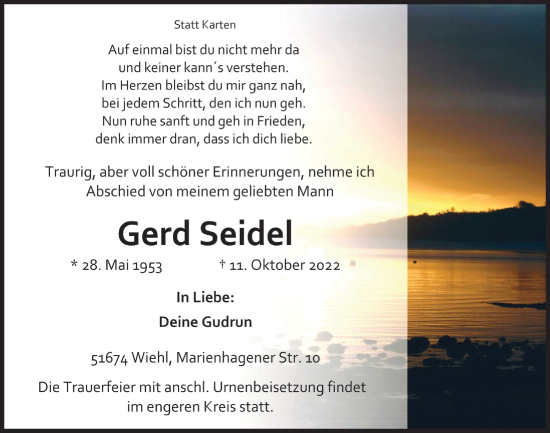 Anzeige von Gerd Seidel von  Anzeigen Echo 