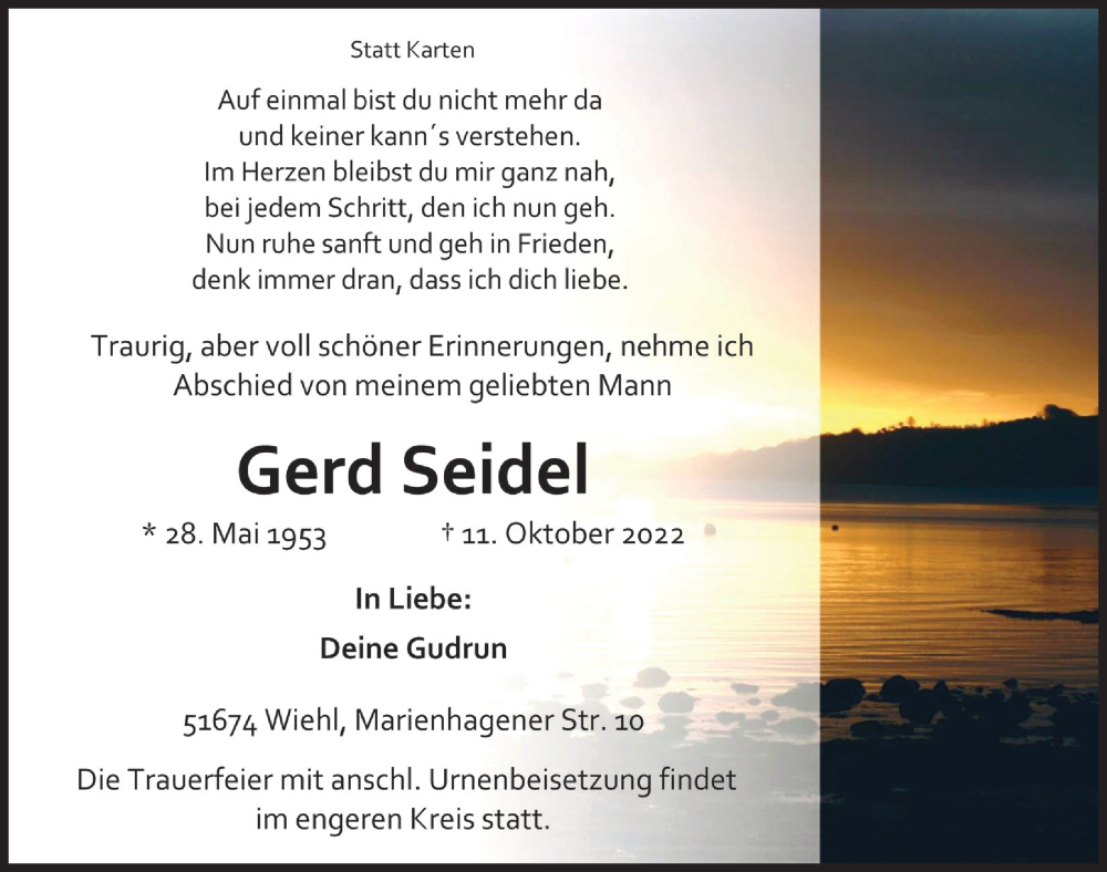  Traueranzeige für Gerd Seidel vom 14.10.2022 aus  Anzeigen Echo 
