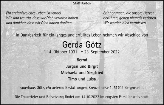 Anzeige von Gerda Götz von  Anzeigen Echo 