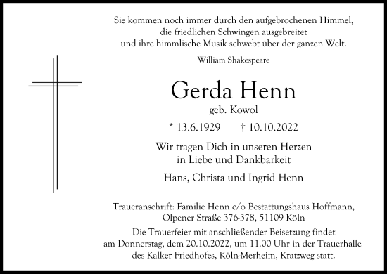 Anzeige von Gerda Henn von Kölner Stadt-Anzeiger / Kölnische Rundschau / Express