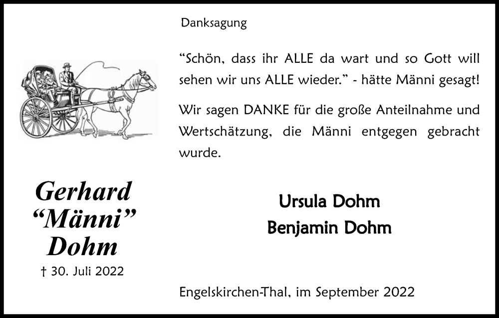  Traueranzeige für Gerhard Dohm vom 01.10.2022 aus Kölner Stadt-Anzeiger / Kölnische Rundschau / Express