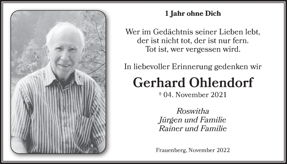  Traueranzeige für Gerhard Ohlendorf vom 29.10.2022 aus  Blickpunkt Euskirchen 