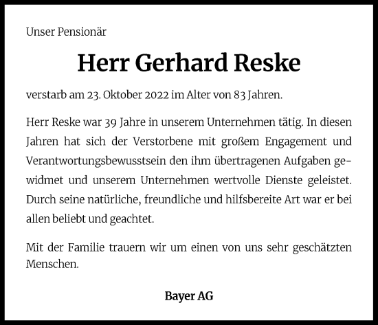 Anzeige von Gerhard Reske von Kölner Stadt-Anzeiger / Kölnische Rundschau / Express