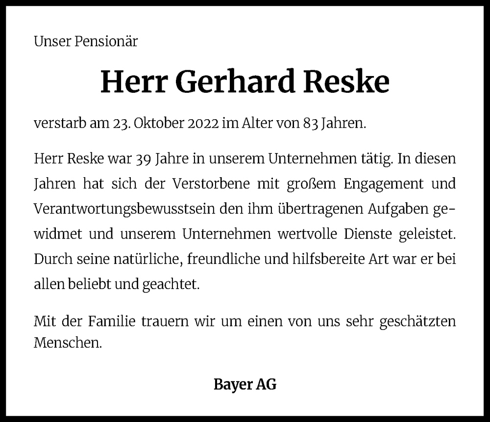  Traueranzeige für Gerhard Reske vom 29.10.2022 aus Kölner Stadt-Anzeiger / Kölnische Rundschau / Express