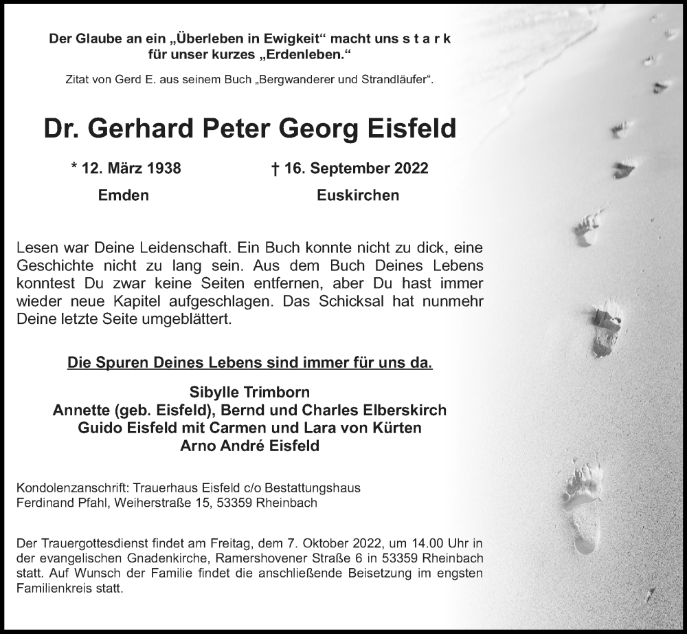  Traueranzeige für Gerhard Peter Georg Eisfeld vom 05.10.2022 aus Kölner Stadt-Anzeiger / Kölnische Rundschau / Express
