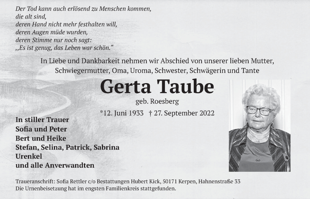  Traueranzeige für Gerta Taube vom 07.10.2022 aus  Werbepost 