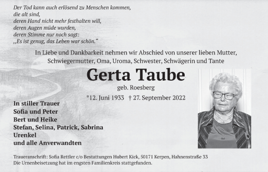 Anzeige von Gerta Taube von  Werbepost 
