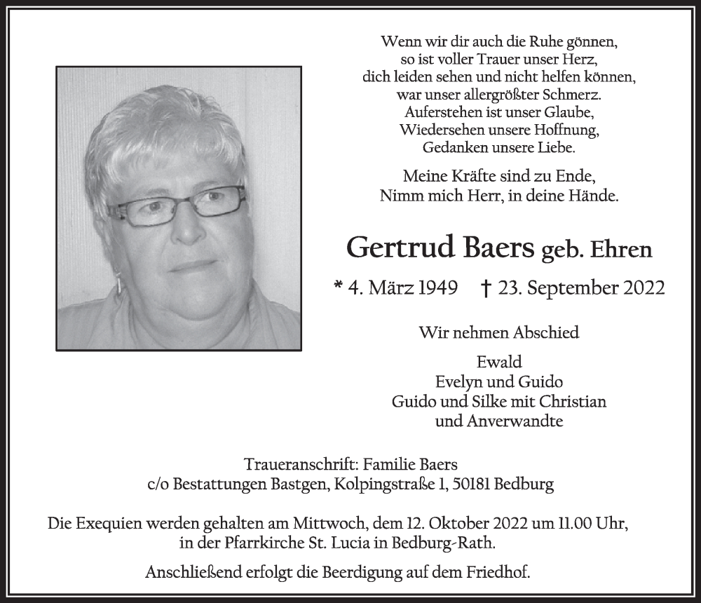  Traueranzeige für Gertrud Baers vom 07.10.2022 aus  Werbepost 