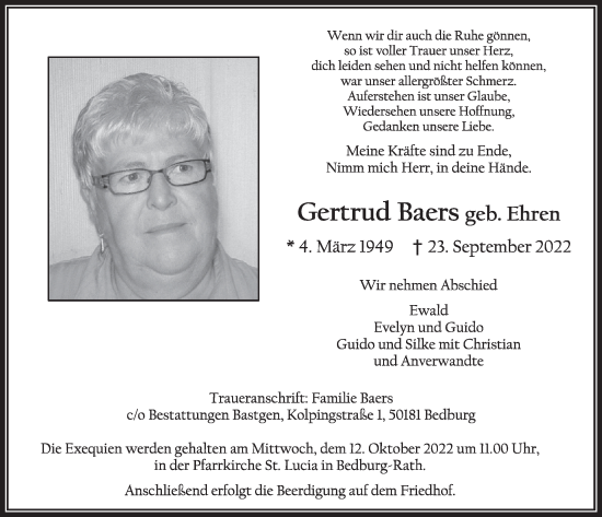 Anzeige von Gertrud Baers von  Werbepost 