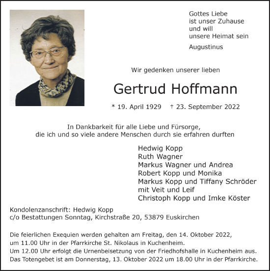 Anzeige von Gertrud Hoffmann von  Blickpunkt Euskirchen 