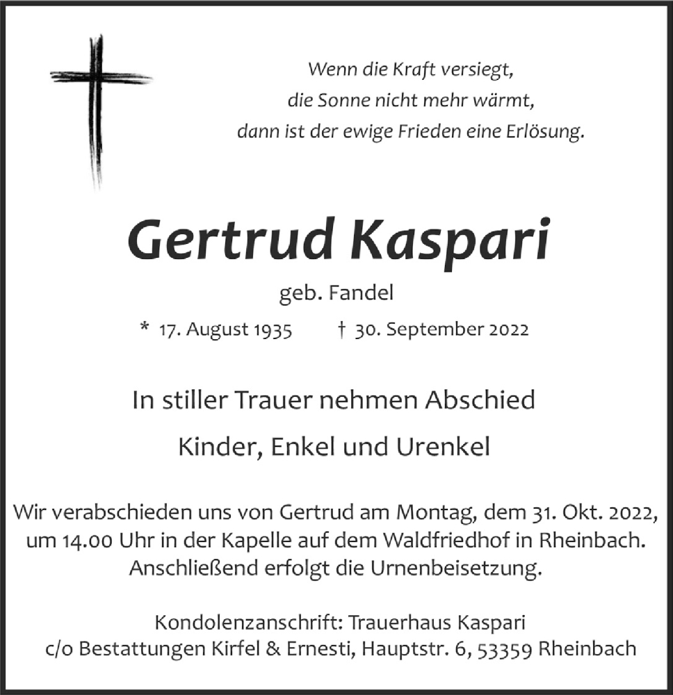  Traueranzeige für Gertrud Kaspari vom 21.10.2022 aus  Schaufenster/Blickpunkt 
