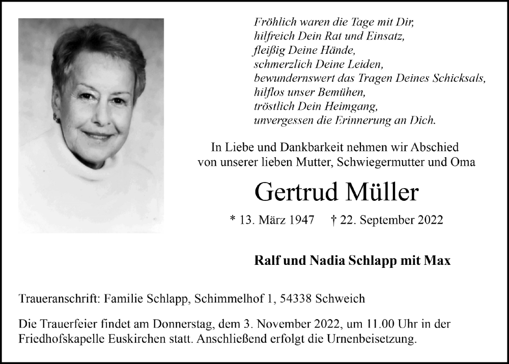  Traueranzeige für Gertrud Müller vom 22.10.2022 aus  Blickpunkt Euskirchen 