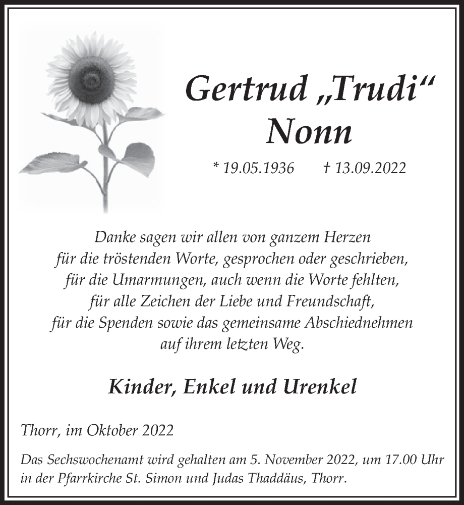  Traueranzeige für Gertrud Nonn vom 28.10.2022 aus  Werbepost 