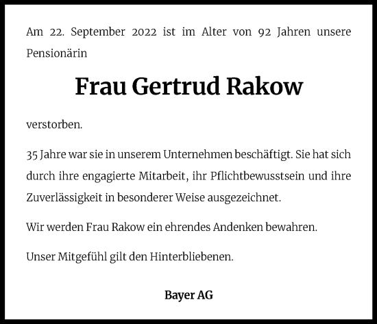 Anzeige von Gertrud Rakow von Kölner Stadt-Anzeiger / Kölnische Rundschau / Express
