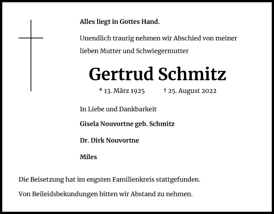 Anzeige von Gertrud Schmitz von Kölner Stadt-Anzeiger / Kölnische Rundschau / Express