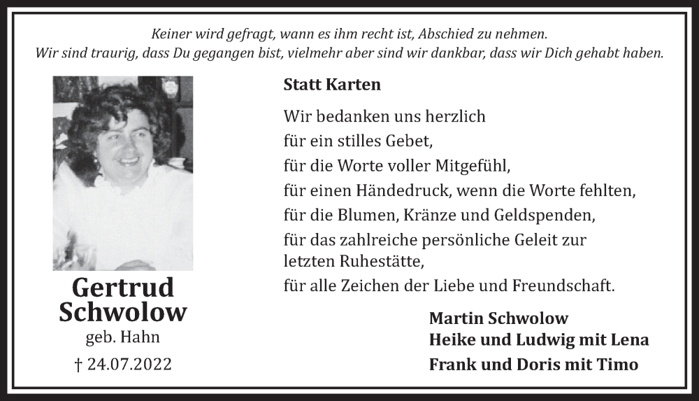  Traueranzeige für Gertrud Schwolow vom 07.10.2022 aus  Werbepost 
