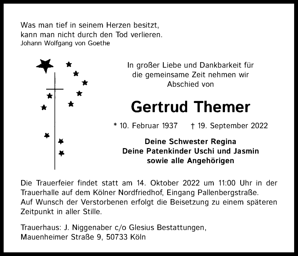  Traueranzeige für Gertrud Themer vom 08.10.2022 aus Kölner Stadt-Anzeiger / Kölnische Rundschau / Express