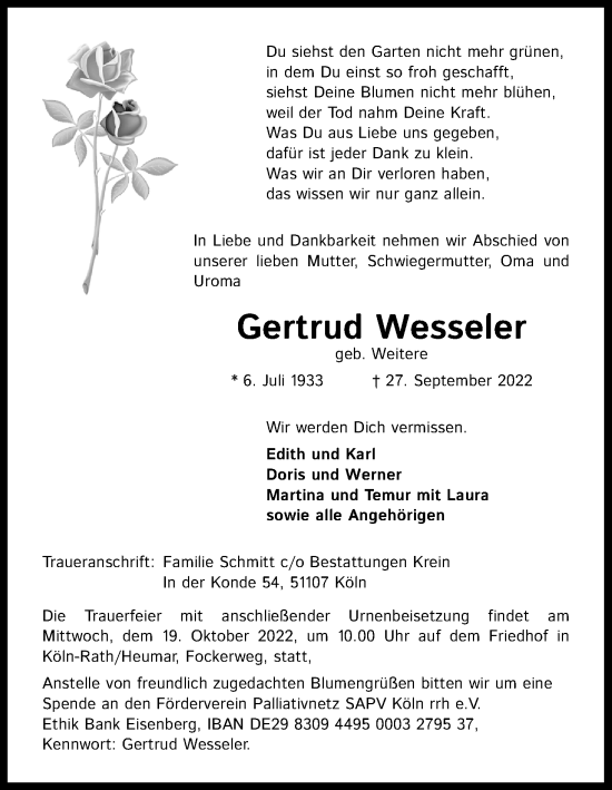 Anzeige von Gertrud Wesseler von Kölner Stadt-Anzeiger / Kölnische Rundschau / Express