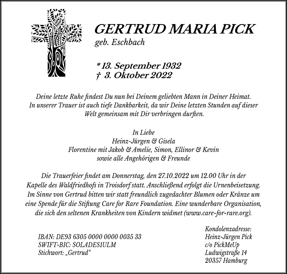  Traueranzeige für Gertrud Maria Pick vom 22.10.2022 aus Kölner Stadt-Anzeiger / Kölnische Rundschau / Express
