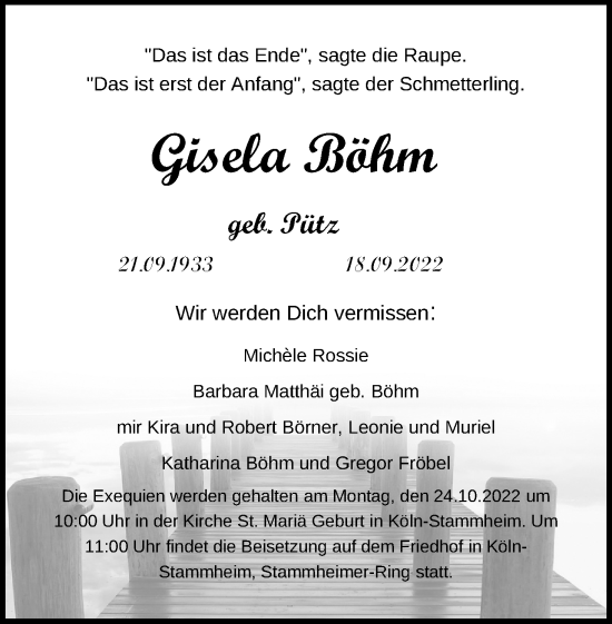 Anzeige von Gisela Böhm von Kölner Stadt-Anzeiger / Kölnische Rundschau / Express