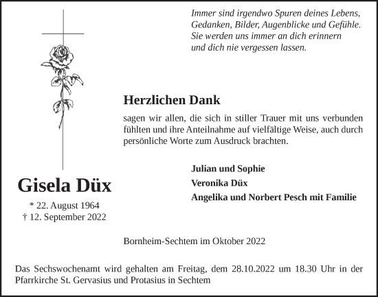 Anzeige von Gisela Düx von  Schaufenster/Blickpunkt  Schlossbote/Werbekurier 