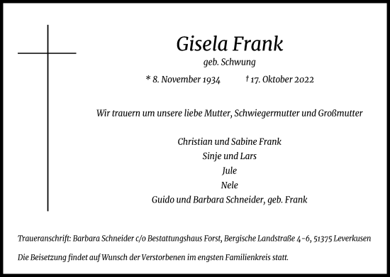 Anzeige von Gisela Frank von Kölner Stadt-Anzeiger / Kölnische Rundschau / Express