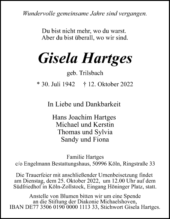 Anzeige von Gisela Hartges von Kölner Stadt-Anzeiger / Kölnische Rundschau / Express