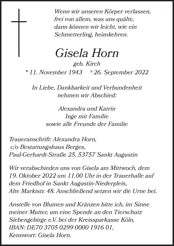  Traueranzeige für Gisela Horn vom 14.10.2022 aus  Extra Blatt 