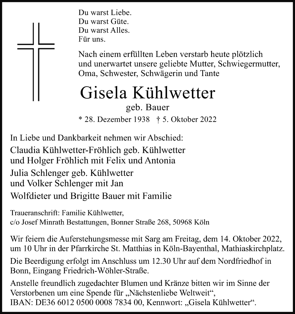  Traueranzeige für Gisela Kühlwetter vom 08.10.2022 aus Kölner Stadt-Anzeiger / Kölnische Rundschau / Express