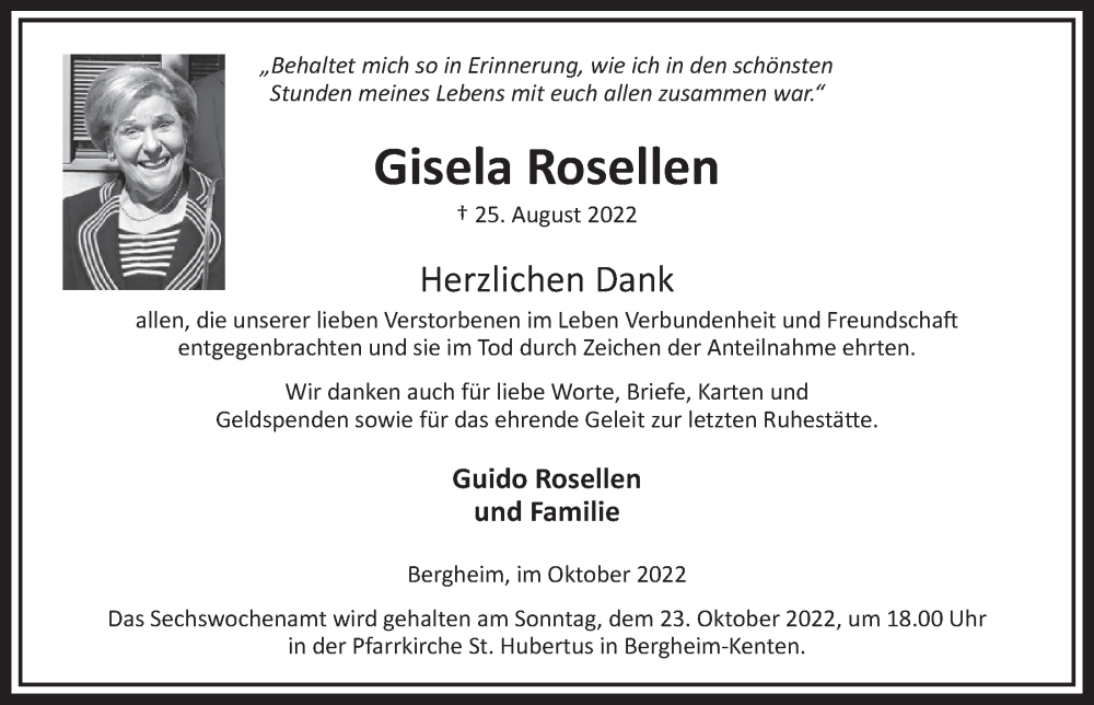  Traueranzeige für Gisela Rosellen vom 14.10.2022 aus  Werbepost 