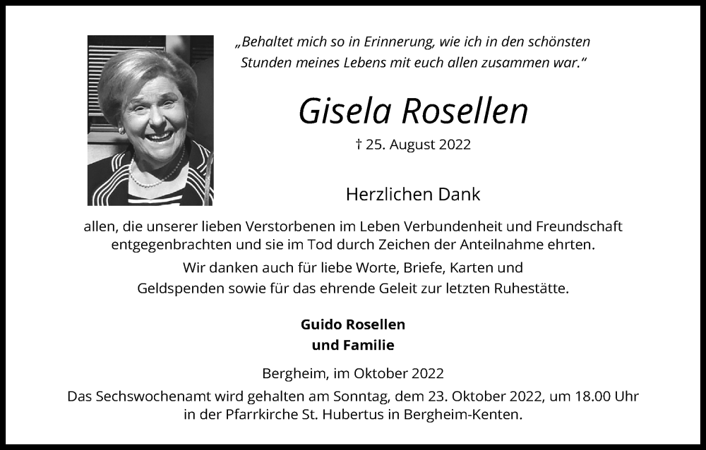  Traueranzeige für Gisela Rosellen vom 15.10.2022 aus Kölner Stadt-Anzeiger / Kölnische Rundschau / Express