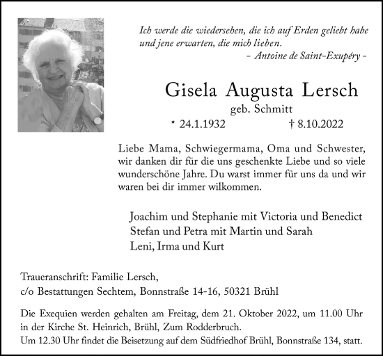 Anzeige von Gisela Augusta Lersch von  Schlossbote/Werbekurier 