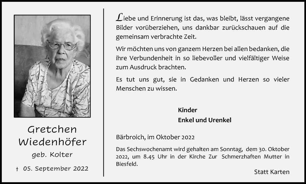  Traueranzeige für Gretchen Wiedenhöfer vom 22.10.2022 aus Kölner Stadt-Anzeiger / Kölnische Rundschau / Express