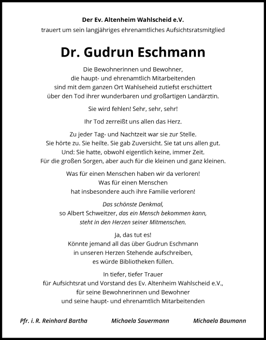 Anzeige von Gudrun Eschmann von Kölner Stadt-Anzeiger / Kölnische Rundschau / Express