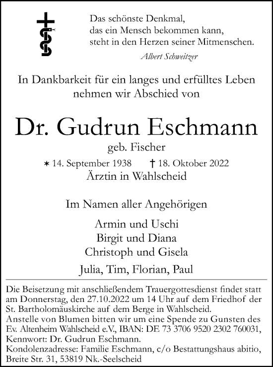 Anzeige von Gudrun Eschmann von Kölner Stadt-Anzeiger / Kölnische Rundschau / Express