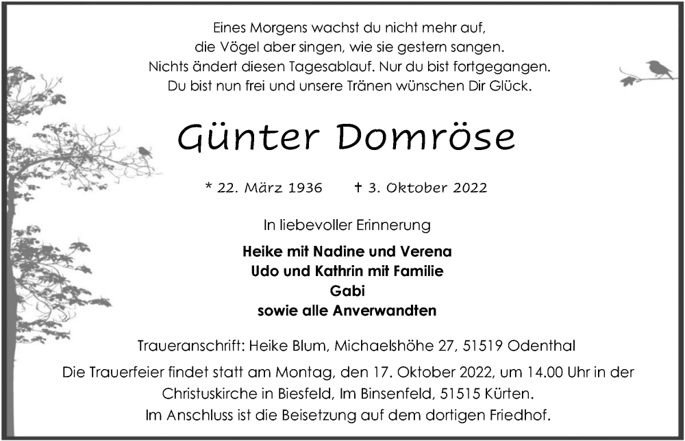  Traueranzeige für Günter Domröse vom 14.10.2022 aus  Bergisches Handelsblatt 
