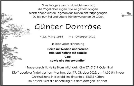 Anzeige von Günter Domröse von  Bergisches Handelsblatt 