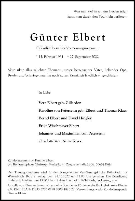 Anzeige von Günter Elbert von Kölner Stadt-Anzeiger / Kölnische Rundschau / Express