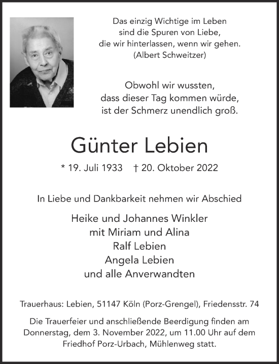 Anzeige von Günter Lebien von  EXPRESS - Die Woche 