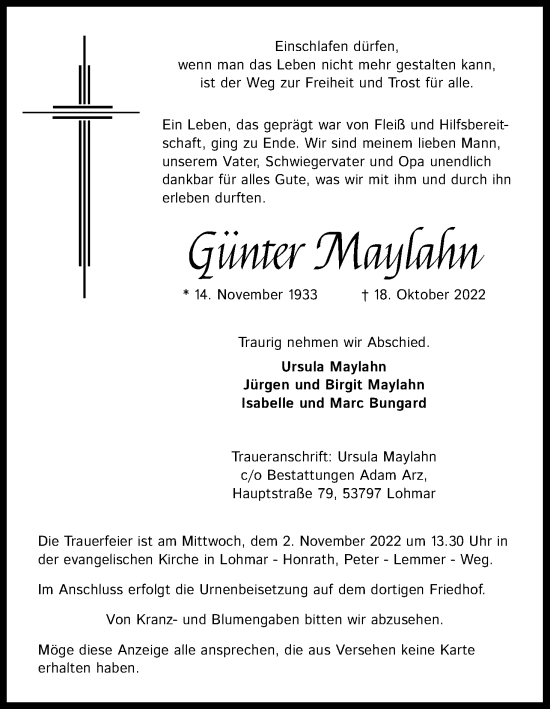 Anzeige von Günter Maylahn von Kölner Stadt-Anzeiger / Kölnische Rundschau / Express