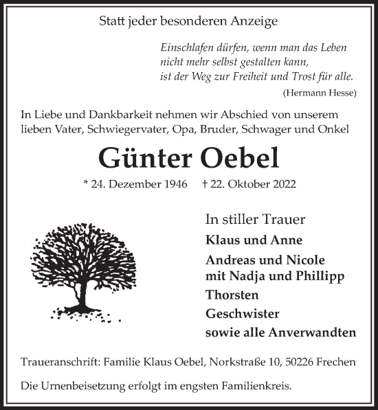 Anzeige von Günter Oebel von  Wochenende 