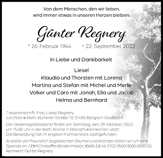 Anzeige von Günter Regnery von Kölner Stadt-Anzeiger / Kölnische Rundschau / Express