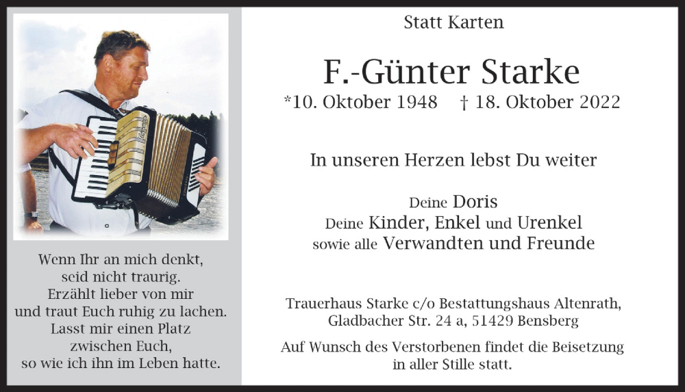  Traueranzeige für Günter Starke vom 28.10.2022 aus  Bergisches Handelsblatt 