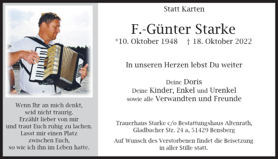 Anzeige von Günter Starke von  Bergisches Handelsblatt 