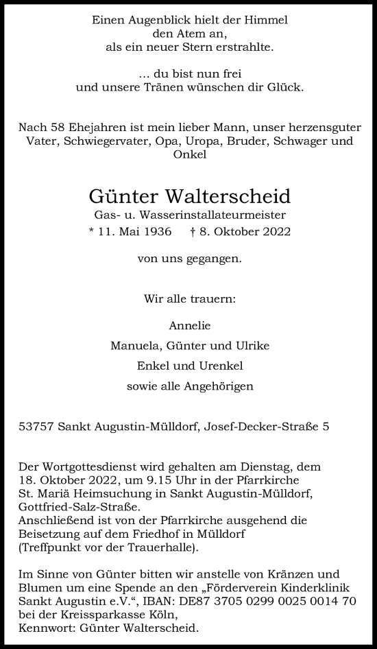 Anzeige von Günter Walterscheid von Kölner Stadt-Anzeiger / Kölnische Rundschau / Express