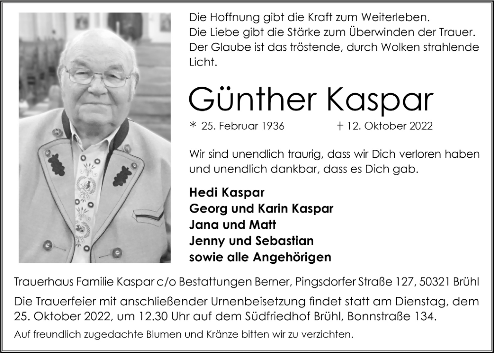  Traueranzeige für Günther Kaspar vom 21.10.2022 aus  Schlossbote/Werbekurier 