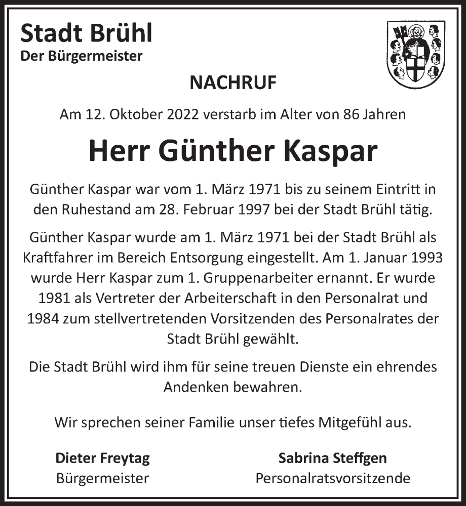  Traueranzeige für Günther Kaspar vom 28.10.2022 aus  Schlossbote/Werbekurier 