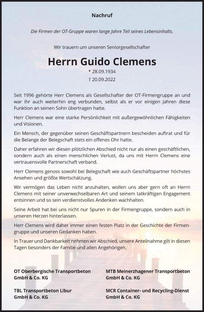  Traueranzeige für Guido Clemens vom 01.10.2022 aus Kölner Stadt-Anzeiger / Kölnische Rundschau / Express