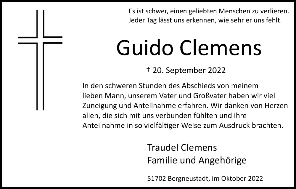  Traueranzeige für Guido Clemens vom 29.10.2022 aus Kölner Stadt-Anzeiger / Kölnische Rundschau / Express