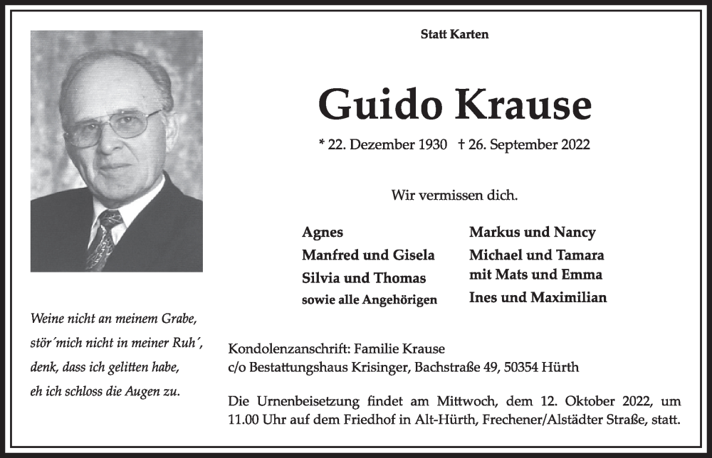  Traueranzeige für Guido Krause vom 07.10.2022 aus  Wochenende 